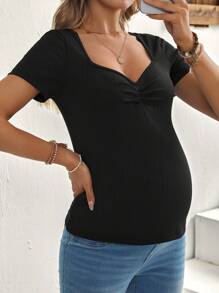 SHEIN Maternity Sweetheart Neck Ruched Chest Short T-Shirt - Black - View 3