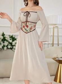 Modelyn Jacquard Patchwork Waistband Off Shoulder Flare Sleeve Dress - Apricot - View 1