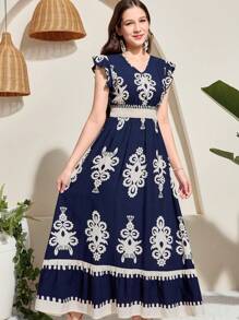 SHEIN Teen Girls Navy Blue Ruffle Sleeve A-Line Vacation Dress - Navy Blue - View 3