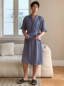DAZY 舒适缎面抽绳腰部设计蓝色男士睡袍，春夏睡衣 - 藍色 - 查看 4