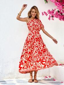 SHEIN VCAY 梭织印花单肩紧身女式长裙春夏装、夏装、情人节、女士度假装、女士沙滩装、节日、浪漫优雅服装、波西米亚风、波西米亚风、甜美、狂欢节装扮、热带度假女装、狂欢节 - 紅白色 - 查看 6