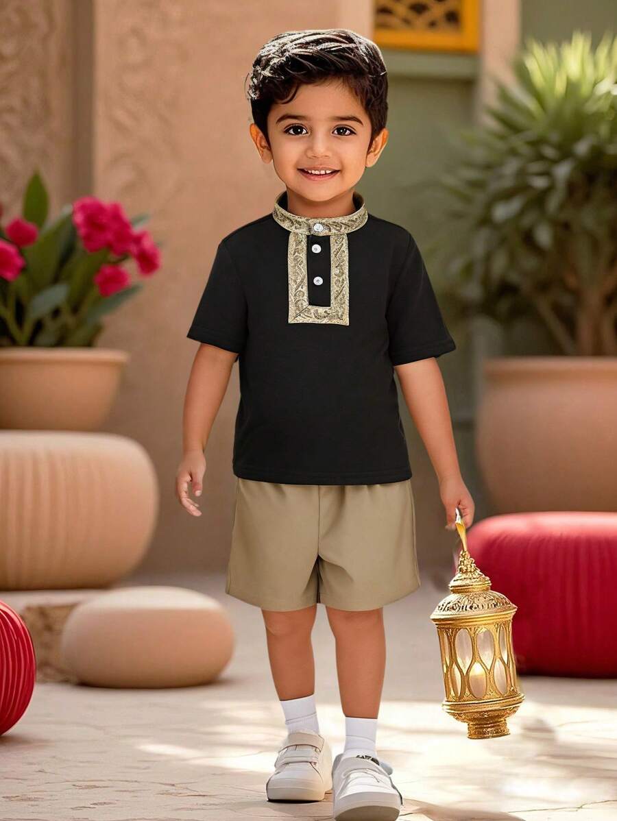 2-Packs Young Boy Casual Sports College Art Retro Half-Length Black T-Shirt And Khaki Shorts Set With Ribbons Suitable For Daily Use,School,Travel - Black - View 1