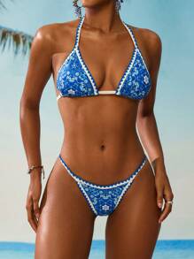 SHEIN Swim Women's Floral Print Halter Neck Bikini Set, Sexy Summer Beach Vacation Swimwear