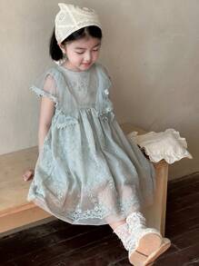 SHEIN X Scheana Dazy Kids Vestido de niña con unicolor, bordado de malla y volantes en el bajo, para Pascua - Verde - Ver 4