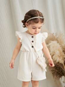 SHEIN Vintaside Kids 2 件套女婴套装：荷叶边饰纽扣前连体衣和蝴蝶装饰包，适合室内、户外和休闲场合 - 杏色 - 查看 4