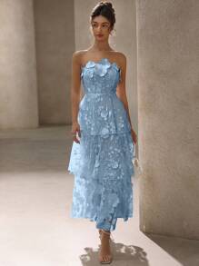 Aveloria Rosie Váy dự tiệc hoa 3D trơn màu thanh lịch không dây, phong cách cao cấp, phù hợp cho mùa xuân và mùa hè, ngày lễ tình nhân - Màu xanh lam - Xem 5