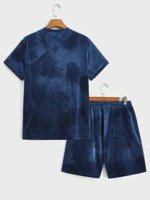 Manfinity VCAY Men's Fashion Casual Velvet Crew Neck Short Sleeve T-Shirt And Shorts 2 Pieces Set, Elegant Party/Nightclub Style, Summer - Dusty Blue - View 2