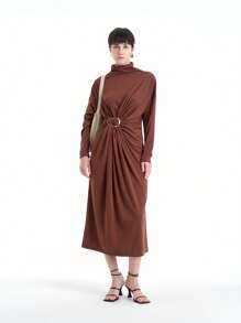 Aalyst 女士优雅高领长袖中长连衣裙 - 棕色 - 查看 4
