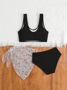 3pcs Tween Girl Swimwear Set With Bowknot & Mesh Swimwear