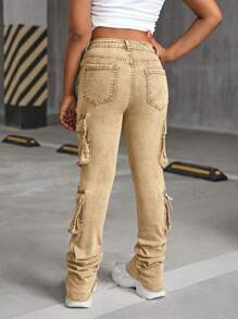 SHEIN Tween Girls Y2K Stonewashed Khaki Denim Cargo High Waist Flared Pants With Pleats And Flap Pocket Stacked Jeans,Tween Girl Spring/Summer Clothes Outfits - Khaki - View 2