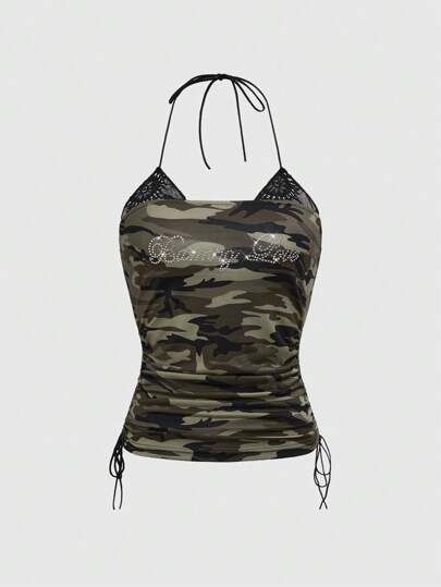 Grunge Punk Parte superior sin mangas de mujer con pliegues, estampado de camuflaje, encaje, cristales y gráficos en estilo vintage y sexy