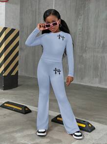 SHEIN Leap Crew Tween Girls Casual Street Style Solid Color Crew Neck Long Sleeve Knit Set - Baby Blue - View 5