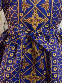SHEIN Tween Girls Woven Jacquard Floral Print Puff Sleeve Ruffle Hem Mix Dress, Regal Dress, Cobalt Blue - Royal Blue - View 11