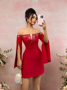 Chiquease 浪漫情人节红色露肩亮片荷叶边女式派对礼服 - 紅色 - 查看 1