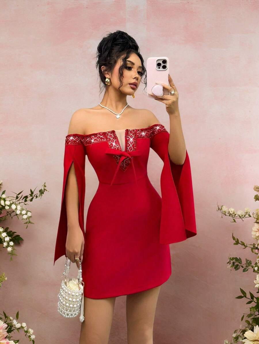 Chiquease 浪漫情人节红色露肩亮片荷叶边女式派对礼服 - 紅色 - 查看 1