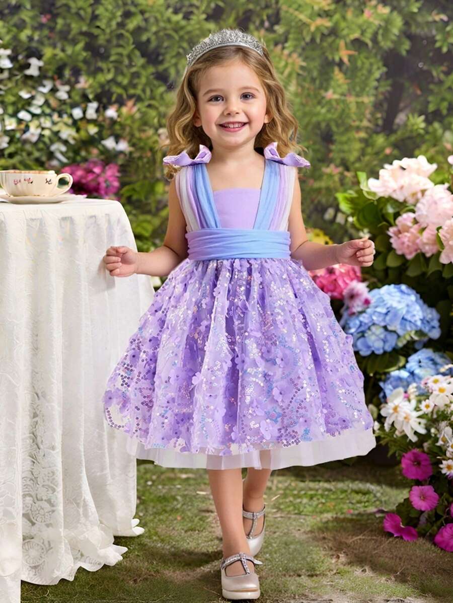 SHEIN Fern Glow  Young Girl Cute Purple Butterfly Mesh Sleeveless Easter Dress, Summer - Mauve Purple - View 1