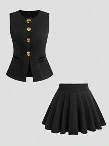 Sweetra Plus Size Solid Color Sleeveless Simple Top And Casual A-Line Skirt Set - Black - View 1