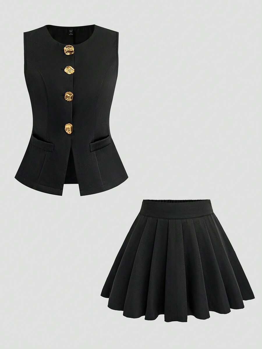 Sweetra Plus Size Solid Color Sleeveless Simple Top And Casual A-Line Skirt Set - Black - View 1