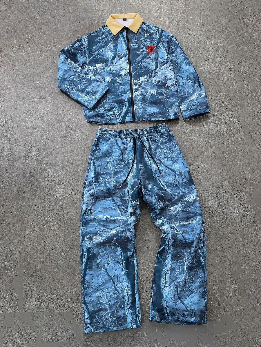 Manfinity EMRG 男士年轻街头风格 INS 仿生迷彩数码印花翻领拉链夹克套装、迷彩工装套装、男士两件套服装、卡其色男士裤子