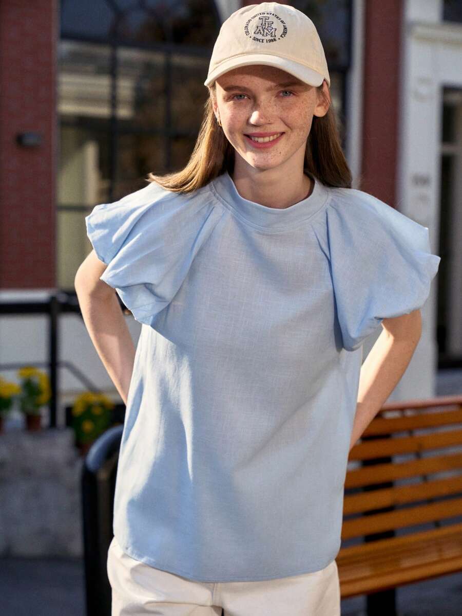 Jouncy Women's Casual Solid Color Puff Sleeve Top - Blue - View 1