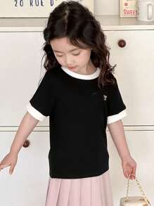 Dazy Kids Young Girl Casual Simple Fashion Round Neck Short Sleeve T-Shirt, Daily Wear,Girls Summer Outfits - Black - View 5