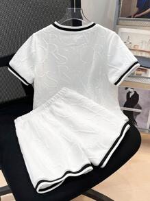 2pcs Kids Boy Casual Sports Textured Crew Neck Loose Sweatshirt And Shorts Set, Versatile Outfit For Spring/Summer Outdoor Play - White - View 2