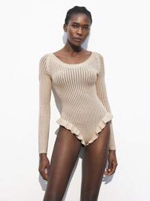 Maija Body mujer de diseño bohemio hawaiano informal, de manga larga, cuello de tripulación ajustado, con volantes calados en tono albaricoque, suave y cómodo, para usar como prenda de resort