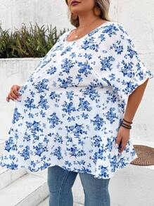 SHEIN CURVE+ Chemises vintage bohèmes à manches lanternes florales Ditzy smockées pour femmes de grande taille, pour les vacances d'été