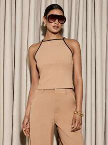 AiiRZ Ribbed Halter Neck Cami Top With Contrasting Trim Summer Sleeveless Tank Elegant Evening Party Club Wear Urban Y2K Fashion Essential
