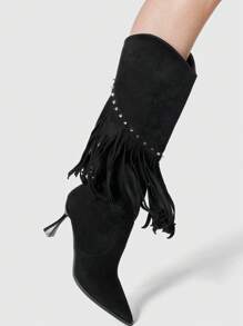 ROMWE Grunge Punk Women's Fringe Pointed Toe Western Boots, High Heel Fashion Mid-Calf Cowboy Boots - Black - View 5