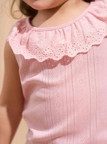 SHEIN 2pcs/Set Baby Girls Pink & Apricot Color Top With Ruffle Collar Casual Outfit, Suitable For Outdoor Wear, Spring/Summer - Black - View 5