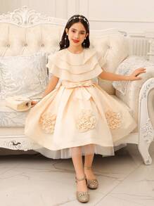 Floral 3D Mesh Satin Dress For Tween Girls, Elegant Lady Suitable For Celebration,Holiday,Summer,Travel - Pink - View 4