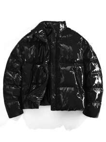 AXEPEAK Men's Solid Color Shiny Front Zip Closure Hooded Winter Jacket - Black - View 7