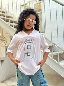 SHEIN Leap Crew Top de manga corta oversize de cuello redondo, de unicolor y con aplicaciones de malla para niñas preadolescentes - Rosa Pálido - Ver 5