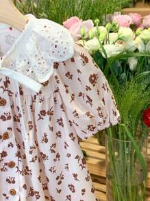 LMoss Kids LMoss Baby Girl Woven Ditsy Floral Puff Sleeve Snug Fit Dress With Lace Shawl