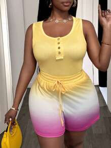 Slaydiva Casual U-Neck Vest Yellow Top Gradient Printed Shorts Tight Women's Plus Two-Piece Set-C