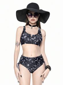 ROMWE Goth Women 2 Pieces Swimwear, Cutout Strappy Bow, Skull & Insect Full Print