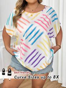 SHEIN CURVE+ Women Plus Size Casual Loose Striped Print Round Neck Blouse, Suitable For Summer Vacation