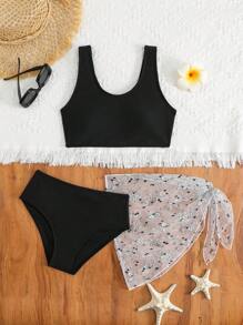 3pcs Tween Girl Swimwear Set With Bowknot & Mesh Swimwear