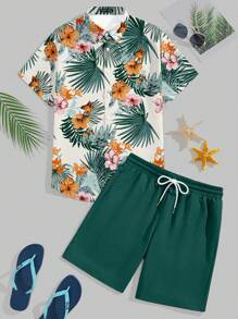 Manfinity RSRT 男士热带印花短袖衬衫和短裤套装
