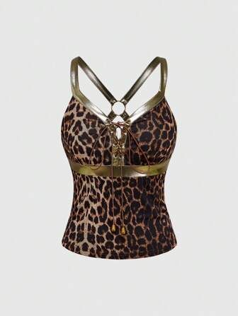 J-Fashion Camiseta sin tirantes con estampado patchwork de leopardo, dorada y de estilo girly Harajuku Y2K
