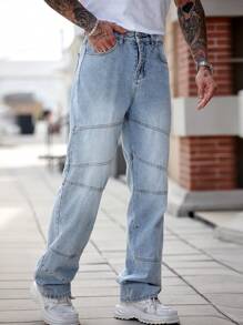 Manfinity Homme Pantalones vaqueros anchos con bolsillos y botones delanteros, de estilo casual y suelto para hombres - Lavado ligero - Ver 3