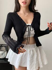 DAZY Women's Lace-Trimmed Drawstring Tie-Front Cardigan, Suitable For Dates,Fall Clothes - Black - View 8