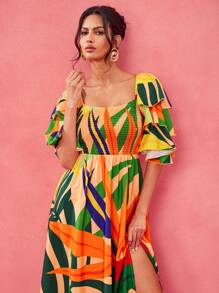 BELANGE HANDMADE Designer Boho Bohemian Multicolor Print Shirred Bodice Tiered Ruffle Sleeves Slit Maxi Sun Dress, Summer Vacation, Festival, Tropical, Beach, For Women, Concert, Elegant, Concert Outfit, Ibiza Fits, Prom Dress Wedding Rave Outfit