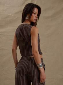 MUSERA 开襟V领纽扣修身细条纹背心上衣，适合毕业典礼、婚礼、度假、返校、办公、秋季、春夏等场合，优雅百搭。 - 彩色 - 查看 4