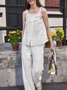 Jouncy 2pcs Women Solid Color Reinforced Abdominal Control Minimalist Top And Long Pants Casual Set - White - View 1