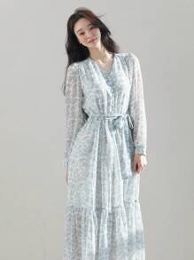 DAZY Damen V-Ausschnitt Ditsy Blumen Kordelzug Midi-Kleid, Herbstkleid Abendkleid