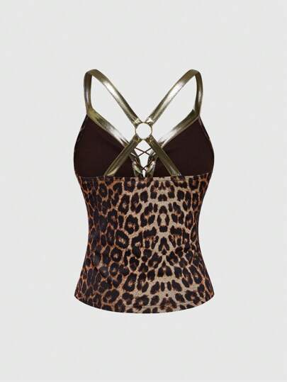 J-Fashion Camiseta sin tirantes con estampado patchwork de leopardo, dorada y de estilo girly Harajuku Y2K