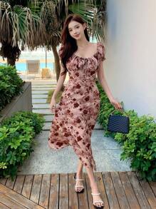 DAZY 女士碎花短袖连衣裙，夏季，情人节，挤奶女工连衣裙，度假装扮 - 彩色 - 查看 2