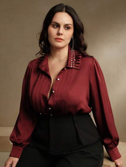 Women Elegant Modern Satin Shimmery Lantern Sleeve Pleated Design Neckline Rhinestone Embellished Long Sleeve Blouse Top, Festival & Going Out, Modest Spring Plus Size Blouse Western Top Burgundy Blouse